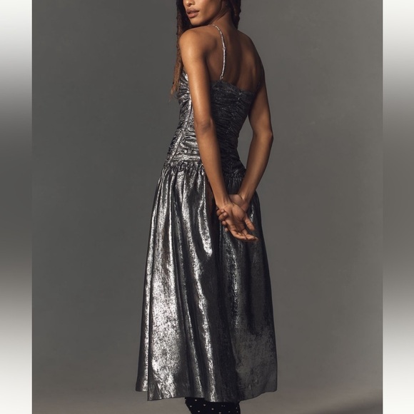 La Maise- NWT Metallic Silver Ruched Dropwaist Midi Foil Dress - Picture 2 of 9
